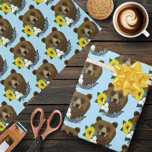 Papier Cadeau Fleurs Bleues Ours Brown Plumes