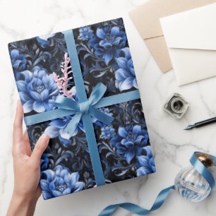 Papier Cadeau Fleurs Bleues sur Fond Noir