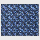 Papier Cadeau Fleurs Bleues sur Fond Noir (Plat)