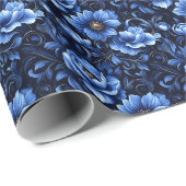 Papier Cadeau Fleurs Bleues sur Fond Noir (Coin rond)