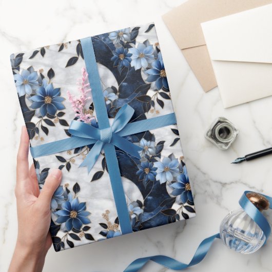Papier Cadeau Fleurs bleues sur marbre (Cadeaux)