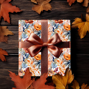 Papier Cadeau Fleurs Bohèmes d'Automne Terracotta Abricot Bleu