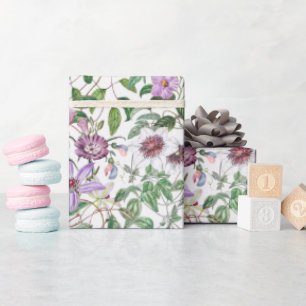 Papier Cadeau Fleurs botaniques blanches et vert lilas vintage