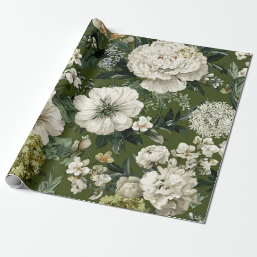 Papier Cadeau Fleurs botaniques blanches et vert rustique, audac (Déroulé)