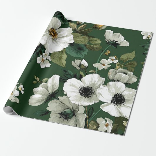 Papier Cadeau Fleurs botaniques blanches et vert rustique, audac (Déroulé)