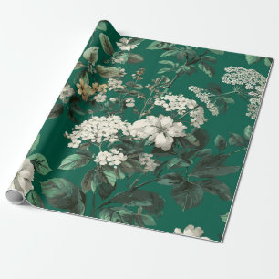 Papier Cadeau Fleurs botaniques vintage gras vert rustique blanc