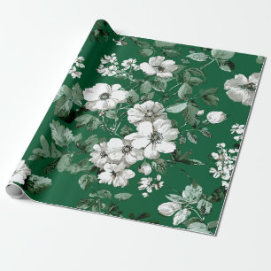Papier Cadeau Fleurs botaniques vintage gras vert rustique blanc