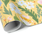 Papier Cadeau Fleurs botaniques vintage rose jaune bleu (Coin rond)