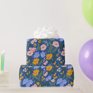 Papier Cadeau Fleurs botaniques vintage rose orange bleu