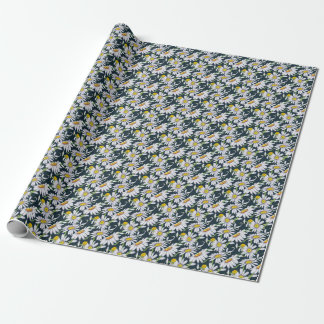 Papier Cadeau Fleurs chamomiles : Aquarelle bleu foncé.