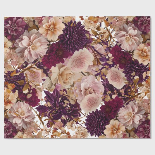 Papier Cadeau Fleurs champêtres rustiques florales bordeaux et r (Plat)