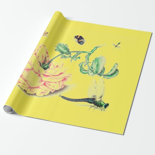 Papier Cadeau FLEURS chinoises AVEC INSECTES PAPIER JAUNE EN WRA (Déroulé)