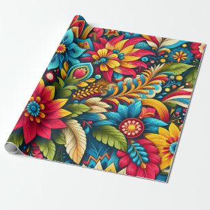 Papier Cadeau Fleurs colorées artistiques et Feuilles