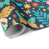 Papier Cadeau Fleurs colorées et papillons motif (Coin rond)