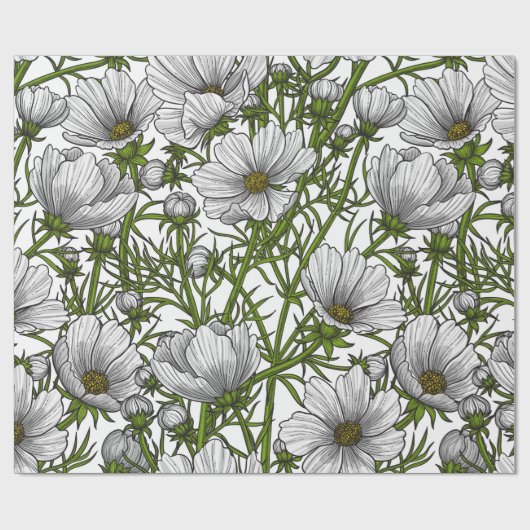 Papier Cadeau Fleurs cosmos blanches (Plat)