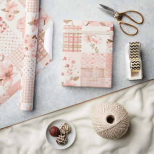 Papier Cadeau Fleurs Cottagecore Gingham Broderie Rose