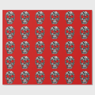 Papier Cadeau fleurs crâne floral complexe gothique noir