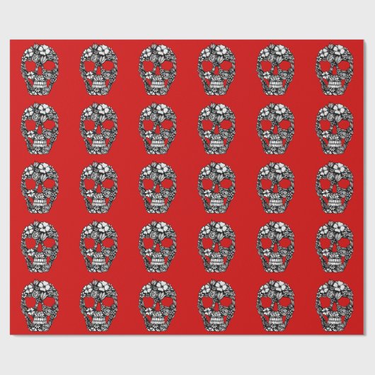 Papier Cadeau fleurs crâne floral complexe gothique noir (Plat)