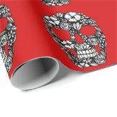 Papier Cadeau fleurs crâne floral complexe gothique noir (Coin rond)