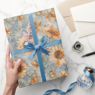 Papier Cadeau Fleurs Crème Orange Bleu Shower de Mariée