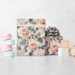 Papier Cadeau Fleurs crémeuses aux feuilles gris