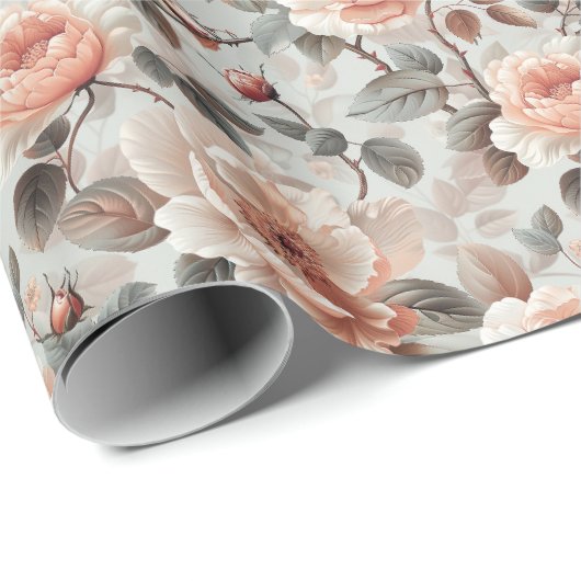 Papier Cadeau Fleurs crémeuses aux feuilles gris (Coin rond)