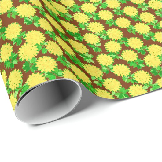 Papier Cadeau Fleurs dahlia en jaune et chocolat (Coin rond)