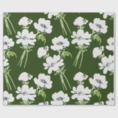 Papier Cadeau Fleurs d'anémone blanc à l'aquarelle verte (Plat)