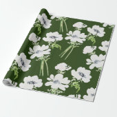 Papier Cadeau Fleurs d'anémone blanc à l'aquarelle verte (Déroulé)