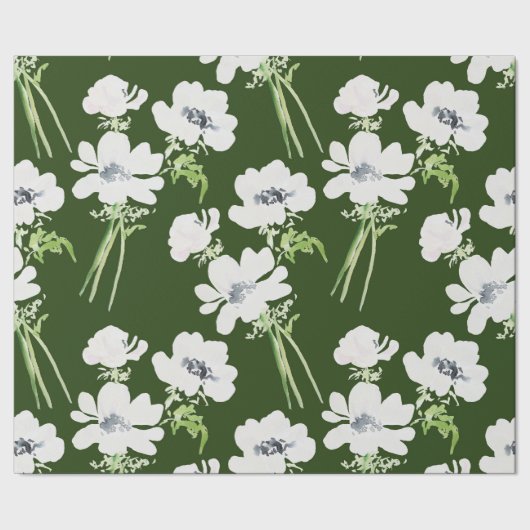 Papier Cadeau Fleurs d'anémone blanc à l'aquarelle verte (Couture)