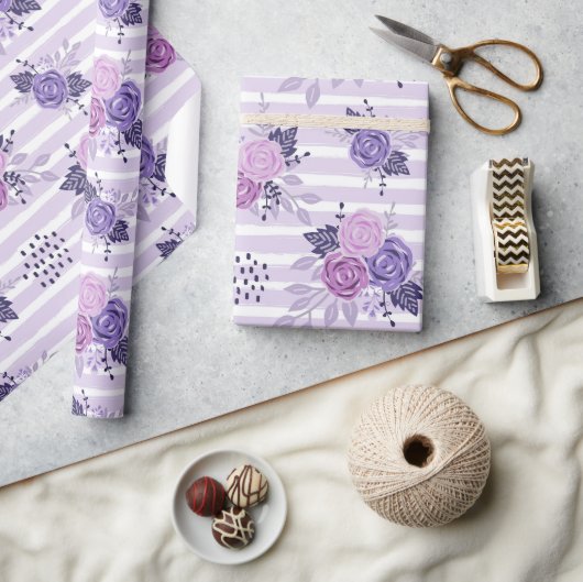 Papier Cadeau Fleurs d'aquarelle avec rayures (Artisanat)