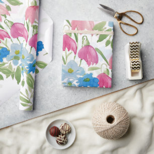 Papier Cadeau Fleurs D'Aquarelle Bleue Et Bleue De Ressort