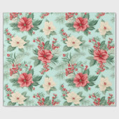 Papier Cadeau Fleurs d'aquarelle de Noël blanc et rouge en bleu (Plat)