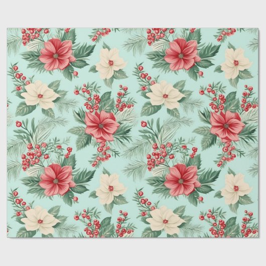 Papier Cadeau Fleurs d'aquarelle de Noël blanc et rouge en bleu (Plat)