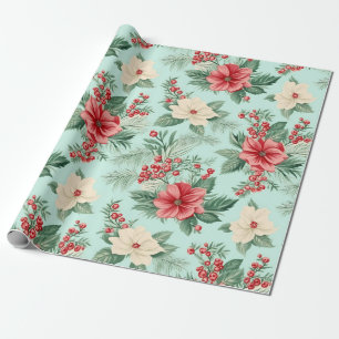 Papier Cadeau Fleurs d'aquarelle de Noël blanc et rouge en bleu