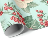 Papier Cadeau Fleurs d'aquarelle de Noël blanc et rouge en bleu (Coin rond)