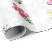 Papier Cadeau Fleurs d'aquarelle de Noël rose, vert, blanc (Coin rond)