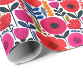 Papier Cadeau Fleurs d'aquarelle rose et rouge chaud BOHO Chic F (Coin rond)