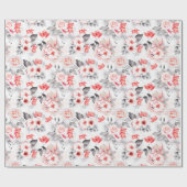 Papier Cadeau Fleurs d'aquarelle rouge et gris (Plat)