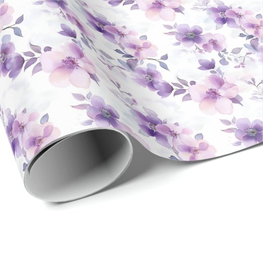 Papier Cadeau Fleurs d'aquarelle violette sur blanc (Coin rond)