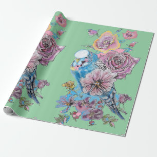 Papier Cadeau Fleurs d'art de Blue Budgie Roses Aquarelle