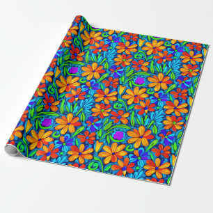 Papier Cadeau Fleurs d'art populaire colorées vives