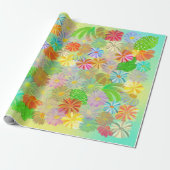 PAPIER CADEAU FLEURS D'ASTER & CONE & COULEUR D'EAU TROPICALE FE (Déroulé)