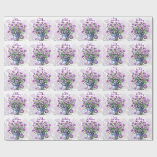 Papier Cadeau Fleurs d'Aster pourpre dans un pot Joyeux annivers (Plat)