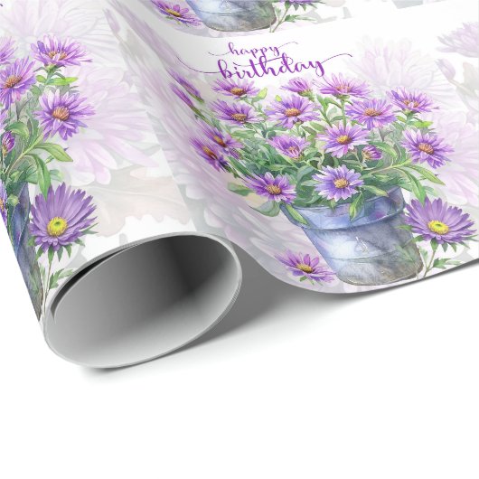 Papier Cadeau Fleurs d'Aster pourpre dans un pot Joyeux annivers (Coin rond)