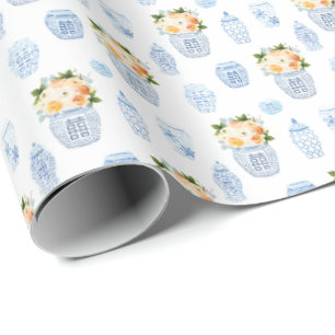 Papier Cadeau Fleurs D'Automne De Dame Intemporelles Bleu Blanc 