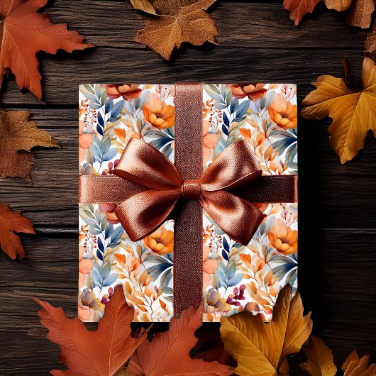 Papier Cadeau Fleurs de Boho automne Terracotta Abricot Bleu
