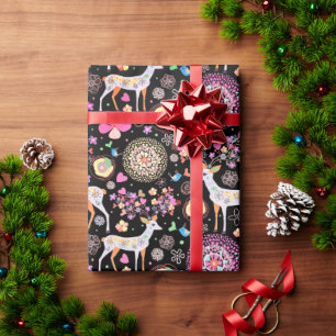 Papier Cadeau Fleurs de cerfs de Noël Flocon de neige Oiseaux de