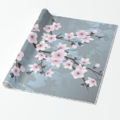 Papier Cadeau Fleurs de cerisier Floral Dusky Rose Dusty Bleu (Déroulé)