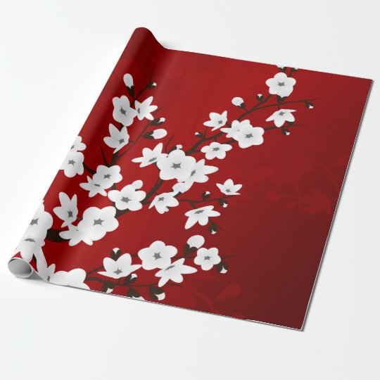 Papier Cadeau Fleurs de cerisier noires et blanches rouges